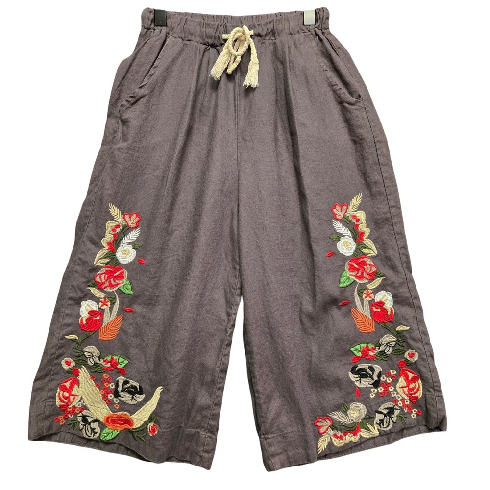 Linen Blend Floral Embroidered Wide Leg Culotte Pants Womens Small